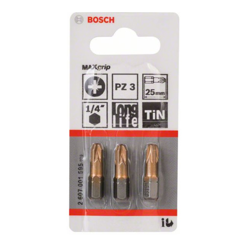 Bosch Pozidriv MaxGrip bit, L25 mm, 1/4" aandrijving, extra hard, set van 3