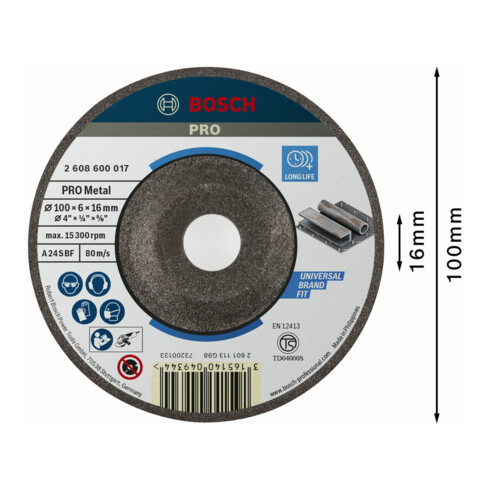 Bosch Schruppscheibe gekröpft Expert for Metal A 24 S BF, 100 mm, 16,00 mm, 6,0 mm