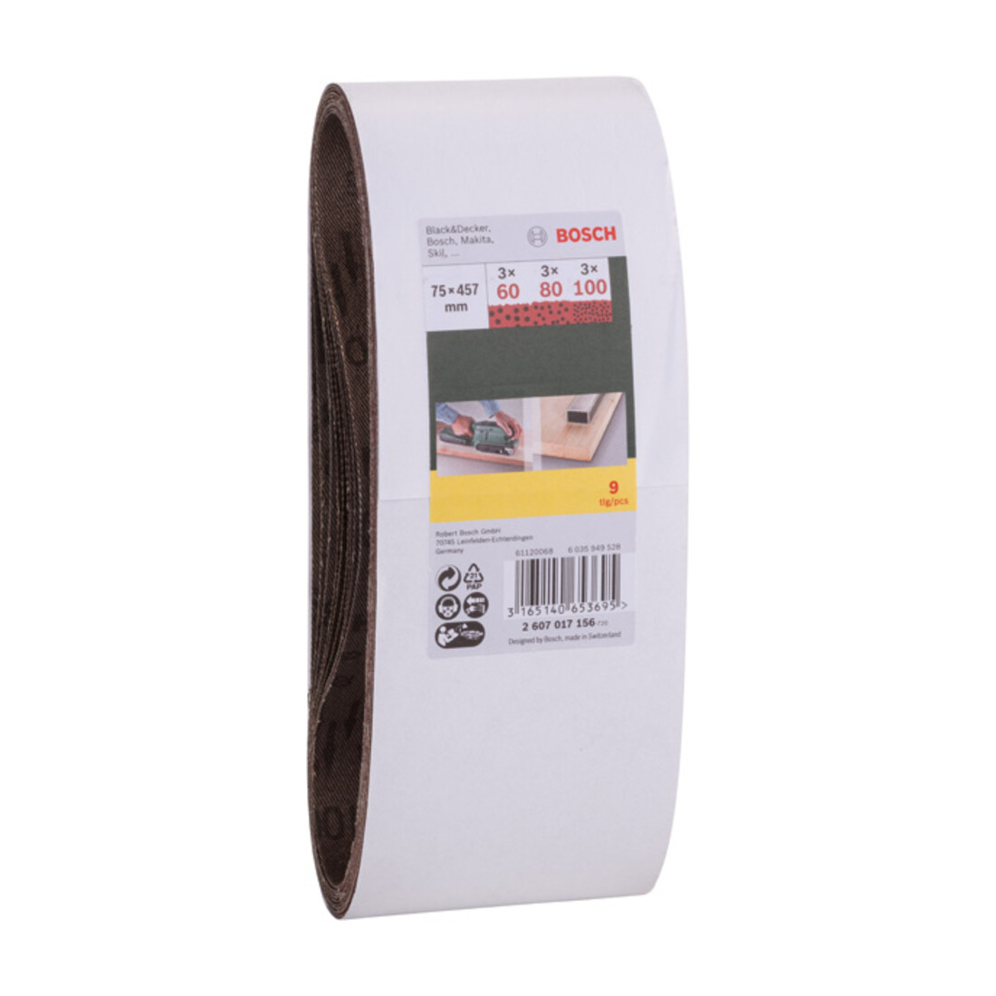 Bosch schuurbandset voor B&D, 9 stuks, 75 x 457 mm, korrel 60, 80, 100