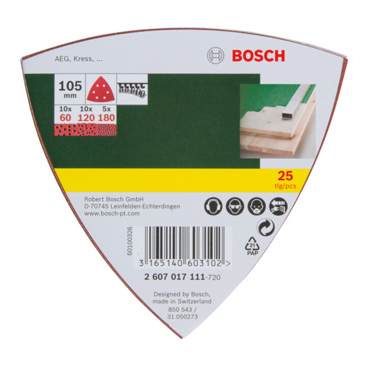 Bosch schuurbladset voor delta-schuurmachines, 25-delig, klittenband, 105 mm, 60, 120, 180
