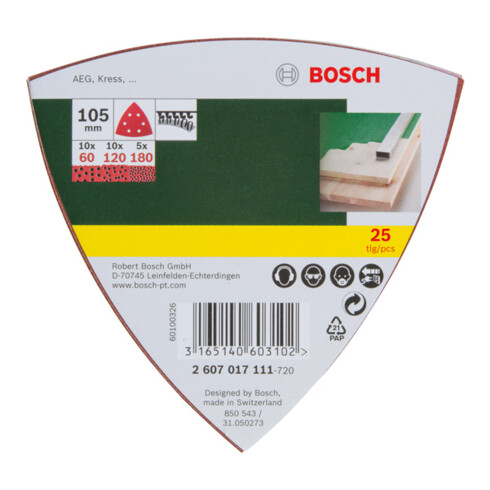 Bosch schuurbladset voor delta-schuurmachines, 25-delig, klittenband, 105 mm, 60, 120, 180
