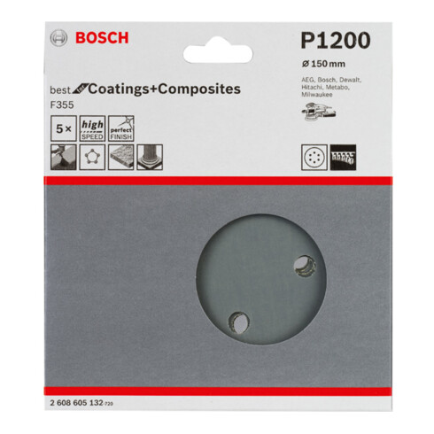 Bosch schuurvel F355, 6 gaten, klittenband 6 mm 150 mm