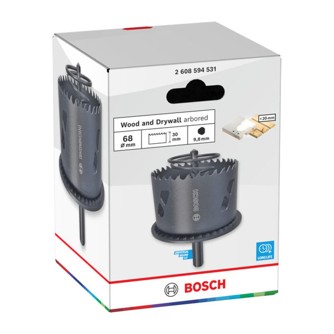 Bosch Scie-cloche pour bois et plaques de plâtre avec porte-outil et fraise à chanfreiner, 68 × 30 mm