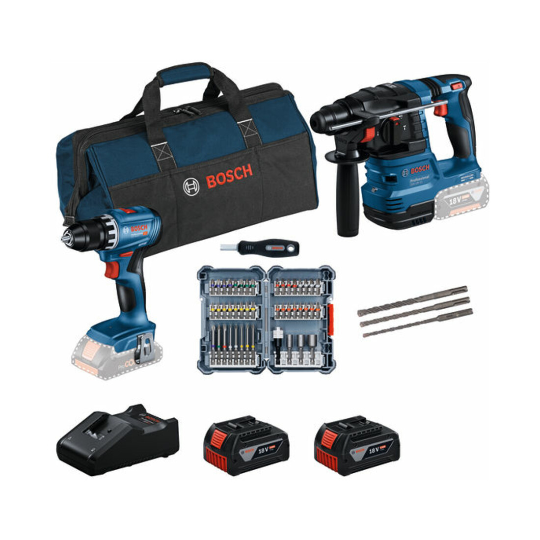 Bosch Set 2 x 18V : GSR + GBH + 2 x Jeu de mèches + 2 x GBA 18V 4,0 Ah + GAL 18V-40