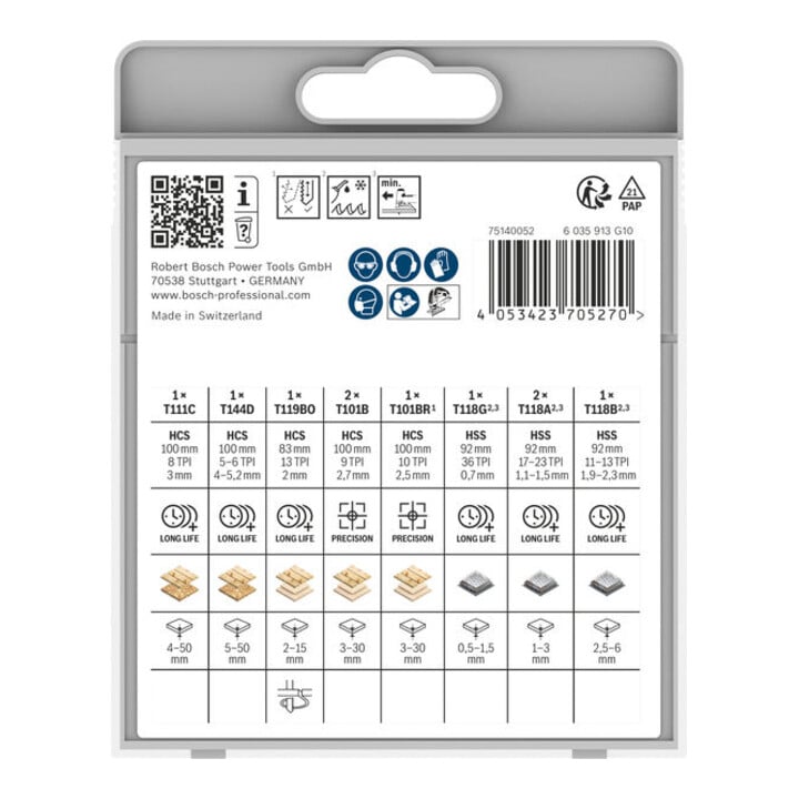 Bosch Set de 10 lames de scie sauteuse pour bois et métal
