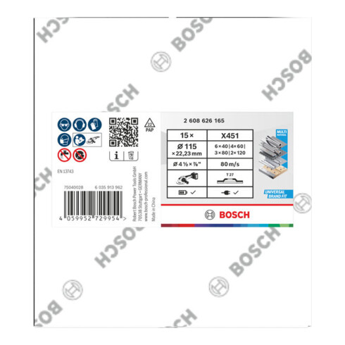 Bosch Set de disques abrasifs à lamelles X451, 115 × 22,23 mm, K40/K60/K80/K120, Z27, 15 pcs