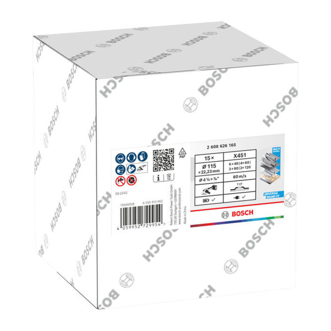 Bosch Set de disques abrasifs à lamelles X451, 115 × 22,23 mm, K40/K60/K80/K120, Z27, 15 pcs