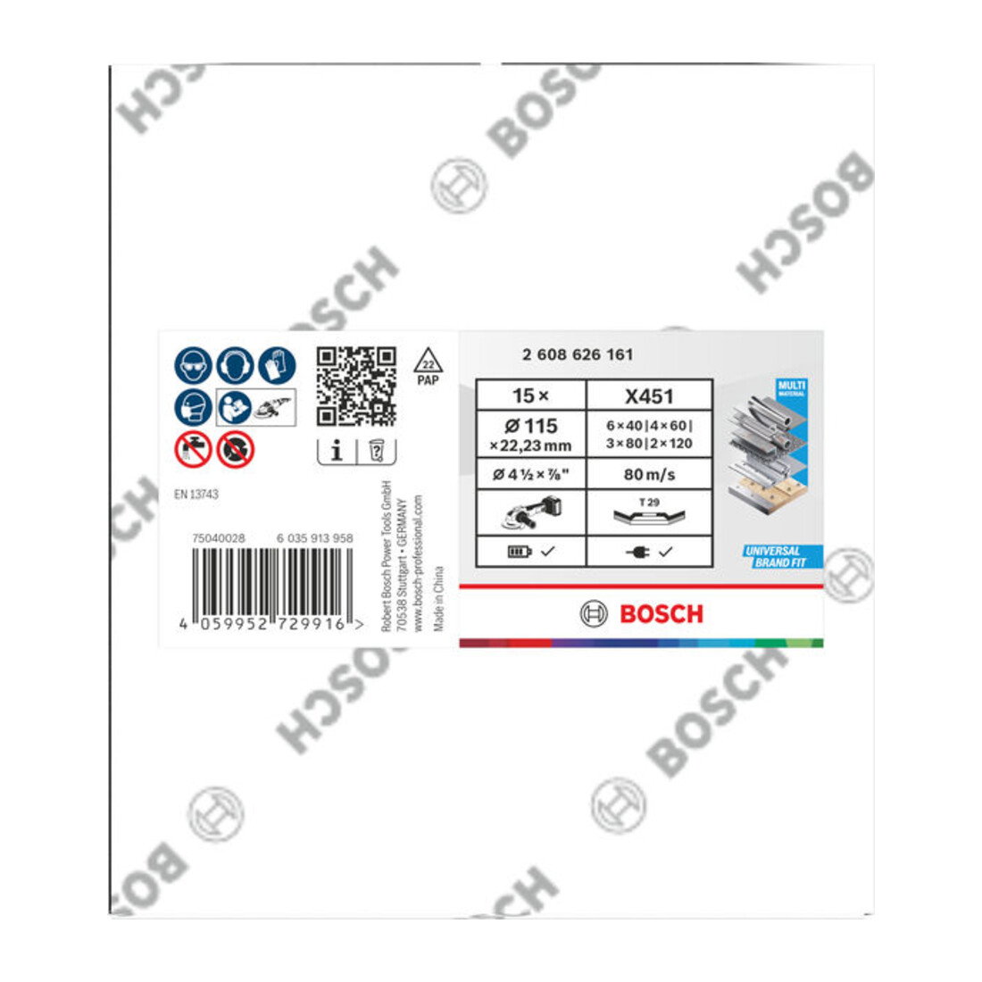 Bosch Set de disques abrasifs à lamelles X451, 115 × 22,23 mm, K40/K60/K80/K120, Z29, 15 pcs