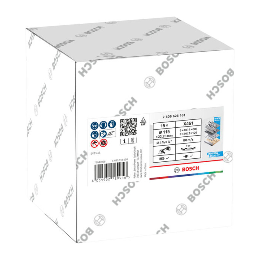Bosch Set de disques abrasifs à lamelles X451, 115 × 22,23 mm, K40/K60/K80/K120, Z29, 15 pcs