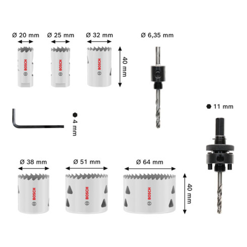 Bosch Set de scies-cloches multi-matériaux avec filetage, 20; 25; 32; 38; 51; 64 x 40 mm
