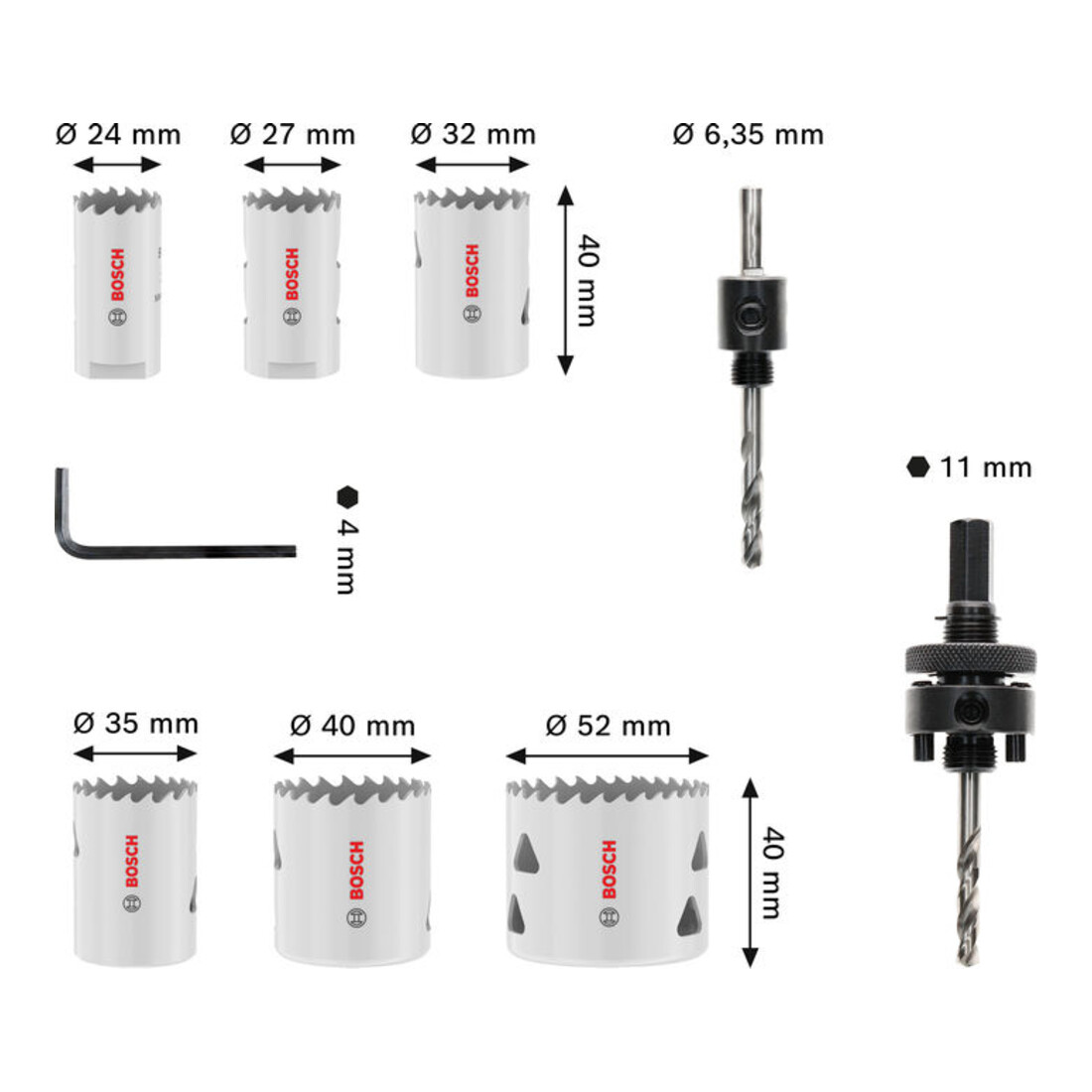 Bosch Set de scies-cloches multi-matériaux avec filetage, 24; 27; 32; 35; 40; 52 x 40 mm