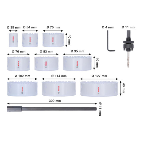 Bosch Set de scies-cloches multi-matériaux avec filetage, 35/54/70/76/83/95/102/114/127 x 40 mm