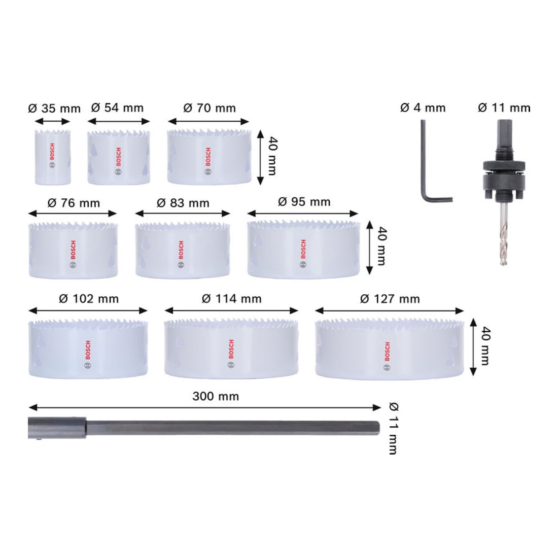 Bosch Set de scies-cloches multi-matériaux avec filetage, 35/54/70/76/83/95/102/114/127 x 40 mm