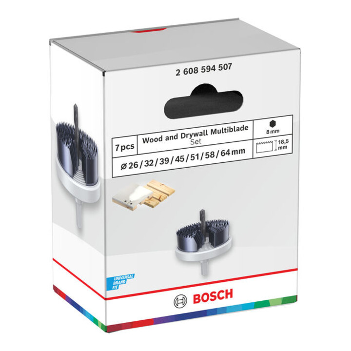 Bosch Set de scies-cloches pour bois et plaques de plâtre avec porte-foret, 26/32/39/45/51/58/64 x 18,5 mm