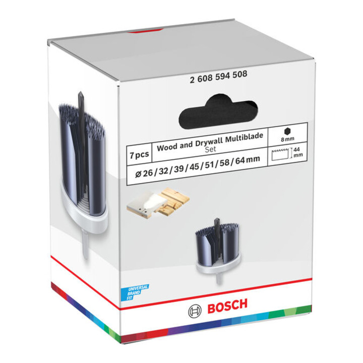 Bosch Set de scies-cloches pour bois et plaques de plâtre avec porte-foret, 26/32/39/45/51/58/64 x 44 mm