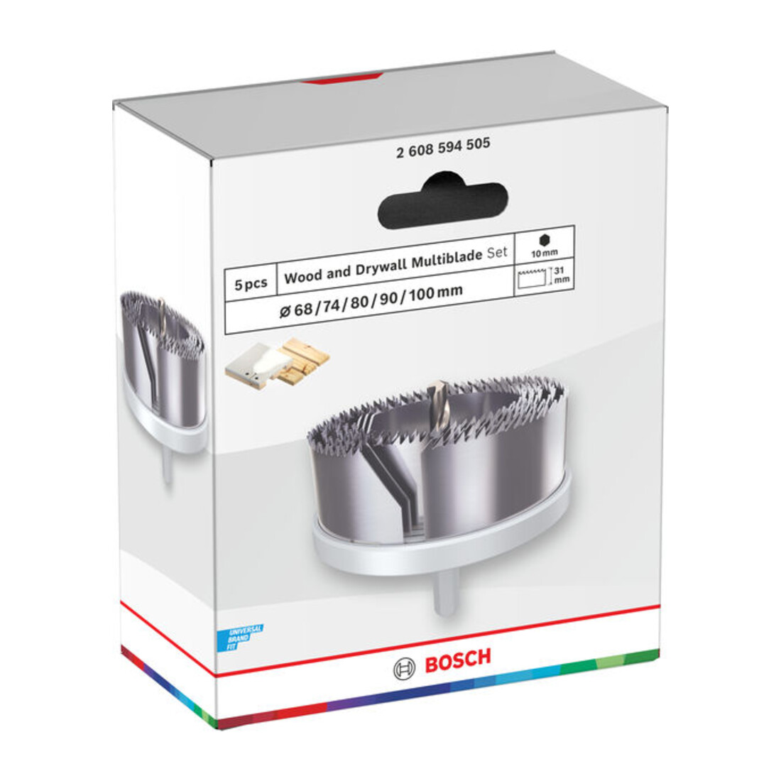 Bosch Set de scies-cloches pour bois et plaques de plâtre avec porte-foret, 68; 74; 80; 90; 100 x 31 mm