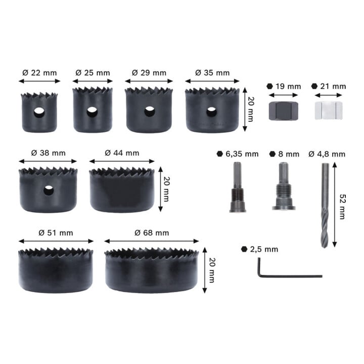Bosch Set de scies-cloches pour bois et plaques de plâtre avec porte-foret + foret-centreur, 22-68x15 mm