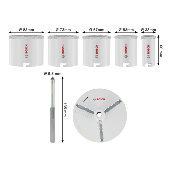 Bosch Set de scies-cloches pour briques et carreaux souples avec porte-foret, 33; 53; 67; 73; 83 x 60 mm