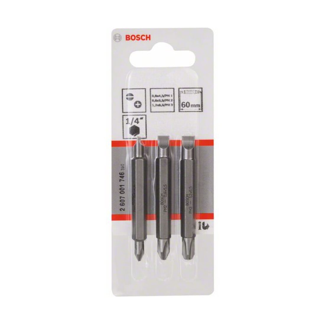 Bosch Set di bit a doppia lama 3pz. S0,6x4,5 PH1 S0,8x5,5 PH2 S1,2x6,5 PH3,60mm