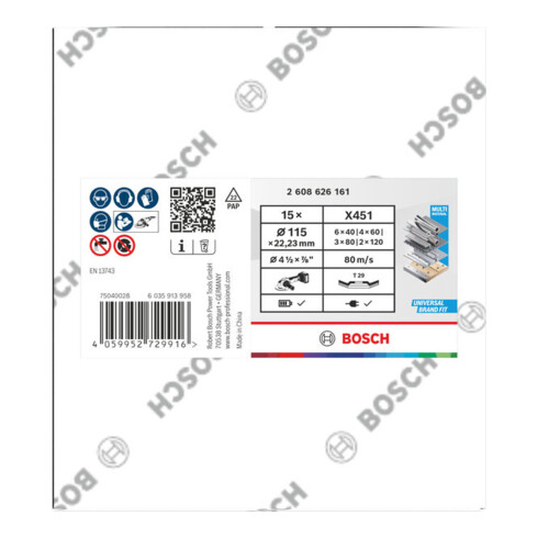 Bosch Set di dischi lamellari X451, 115 × 22,23 mm, K40/K60/K80/K120, Z29, 15 pz