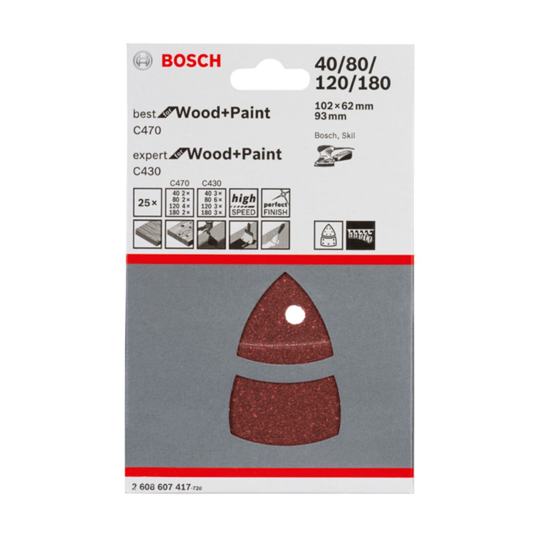 Bosch Set di fogli abrasivi C470 e C430 102 x 62, 93 mm 40 - 180