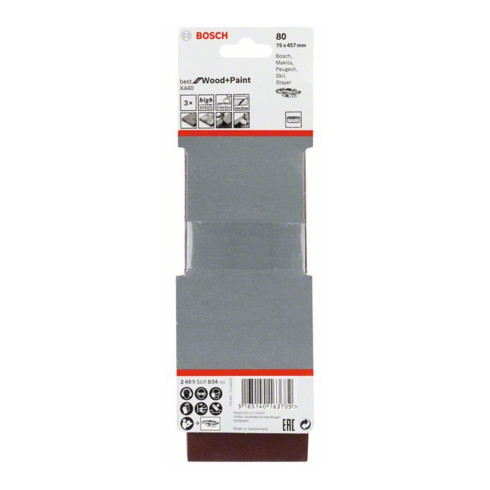 Bosch Set di nastri abrasivi X440 Best for Wood and Paint, 75x457mm, 80