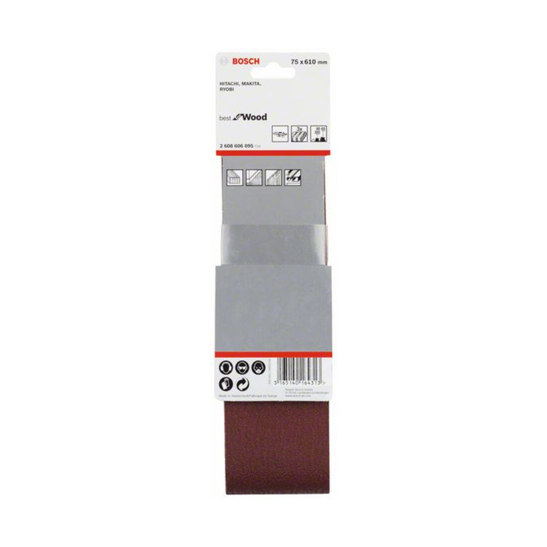 Bosch Set di nastri abrasivi X440 Best per legno e vernice 3 pezzi 75 x 610 mm 60 80,100
