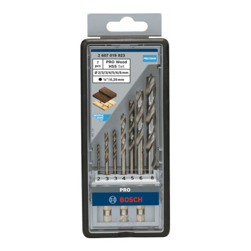 Bosch Set di punte elicoidali per legno Robust Line 1/4" codolo esagonale 7 pezzi 2 - 8 mm
