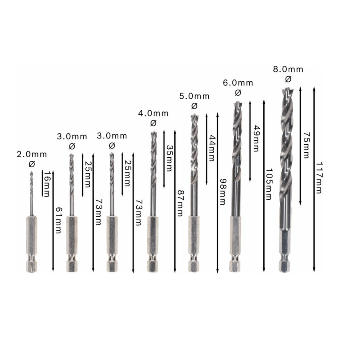 Bosch Set di punte elicoidali per legno Robust Line 1/4" codolo esagonale 7 pezzi 2 - 8 mm