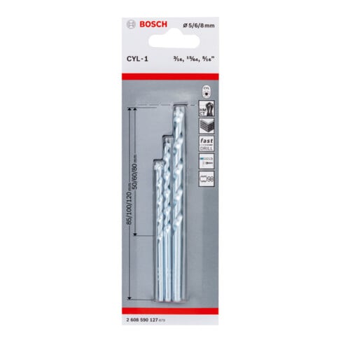 Bosch Set di punte per muratura CYL-1 da 3 pz., 5/6/8 mm. Per trapani/avvitatori