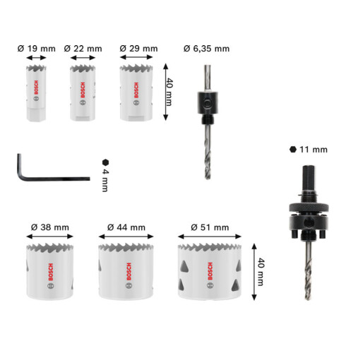 Bosch Set di seghe a tazza Multi Material con filetto, 19; 22; 29; 38; 44; 51 x 40 mm