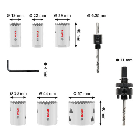 Bosch Set di seghe a tazza multi materiale con filetto, 19; 22; 29; 38; 44; 57 x 40 mm