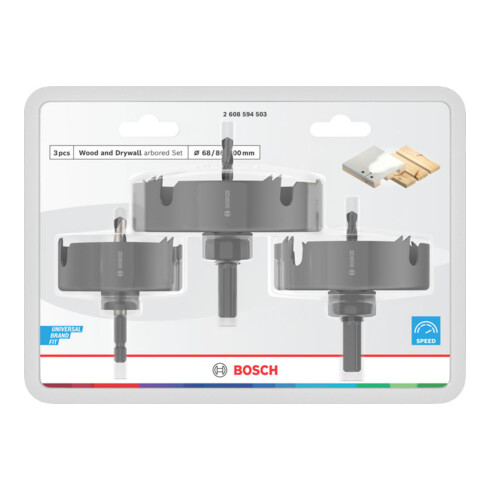 Bosch Set di seghe a tazza per legno e cartongesso con supporto e punta centrante, 68/86/100x27mm