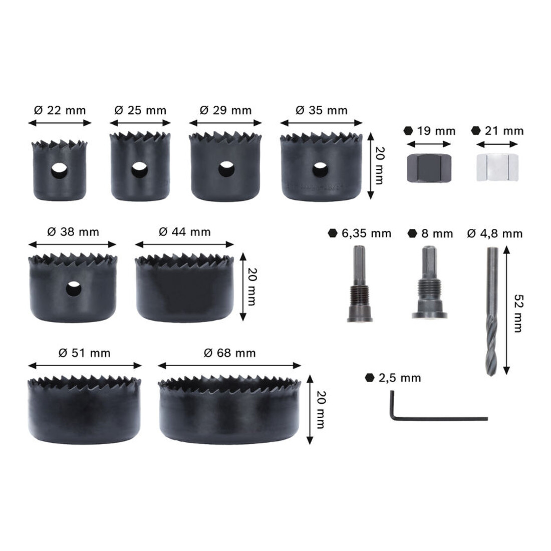 Bosch Set di seghe a tazza per legno e cartongesso con supporto e punta centratrice, 22-68x15 mm