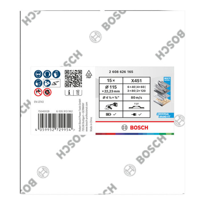 Bosch Set lamellenschijven X451, 115 x 22,23 mm, K40/K60/K80/K120, Z27, 15-dlg