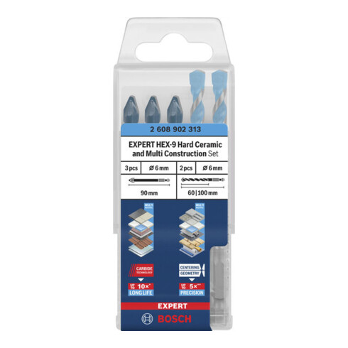 Bosch Set punte EXPERT HEX-9 Hard Ceramic e HEX-9 Multi Construction, 6 mm, 5 pezzi