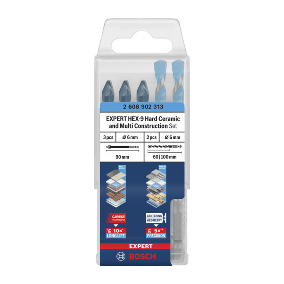 Bosch Set punte EXPERT HEX-9 Hard Ceramic e HEX-9 Multi Construction, 6 mm, 5 pezzi