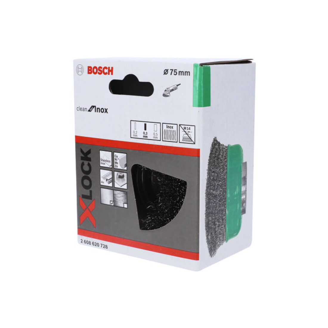 Bosch Spazzola a tazza X-LOCK Clean for Inox 75mm 0,3mm filo in acciaio Inox crimpato