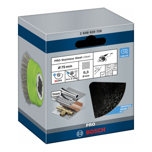 Bosch Spazzola a tazza X-LOCK Clean for Inox 75mm 0,3mm filo in acciaio Inox crimpato