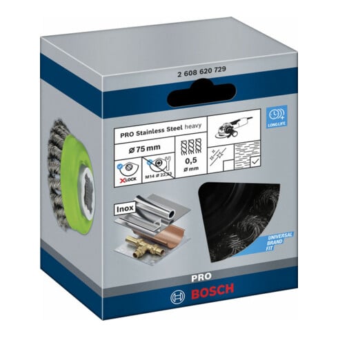 Bosch Spazzola a tazza X-LOCK Heavy for Inox 75mm 0,5mm filo in acciaio Inox annodato