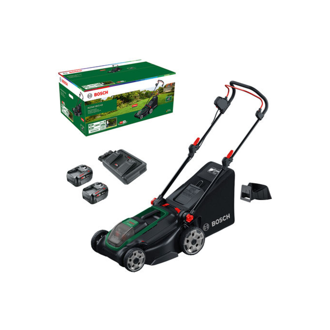 Bosch Tondeuse à gazon sans fil ROTAK18V2-43, 2x batterie PBA 18V 4.0Ah