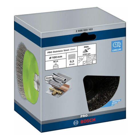Bosch Topfbürste Edelstahl gewellter Draht 100 mm 0,3 mm 8500 U/min M14