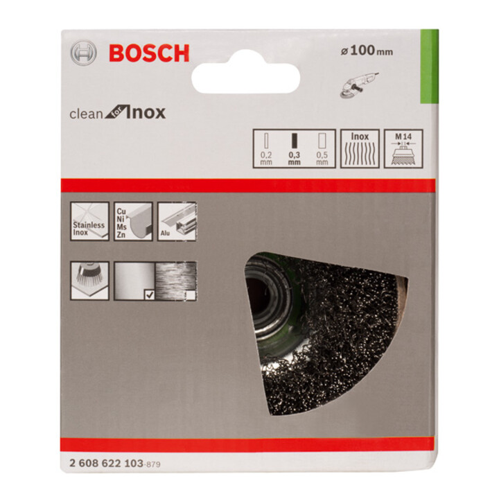 Bosch Topfbürste Edelstahl gewellter Draht 100 mm 0,3 mm 8500 U/min M14