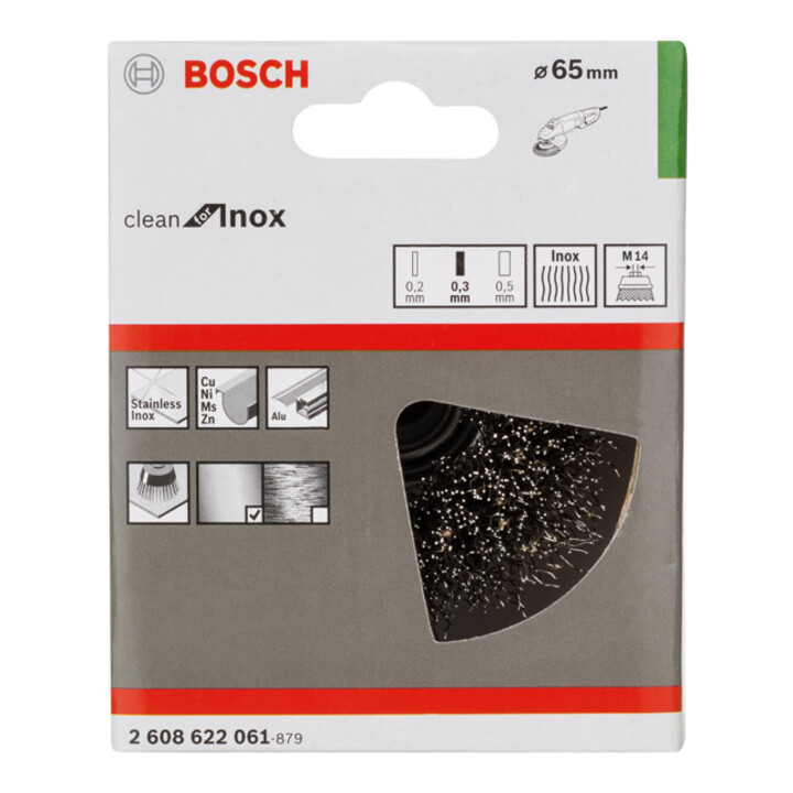 Bosch Topfbürste Edelstahl gewellter Draht 65 mm 0,3 mm 12500 U/ min M 14