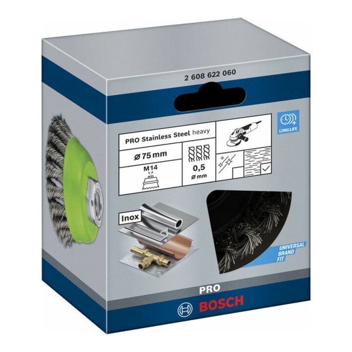 Bosch Topfbürste Edelstahl gezopfter Draht 75 mm 0,5 mm 12500 U/ min M 14