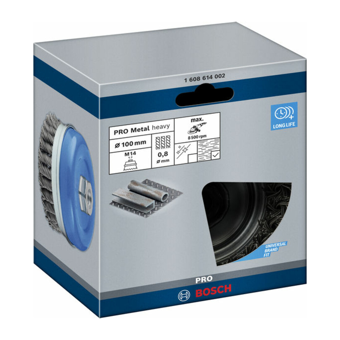 Bosch Topfbürste Stahl gezopfter Draht 100 mm 0,8 mm 8500 U/ min M 14