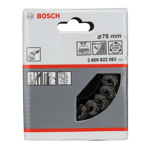 Bosch Topfbürste Stahl gezopfter Draht 75 mm 0,5 mm 12500 U/ min M 10