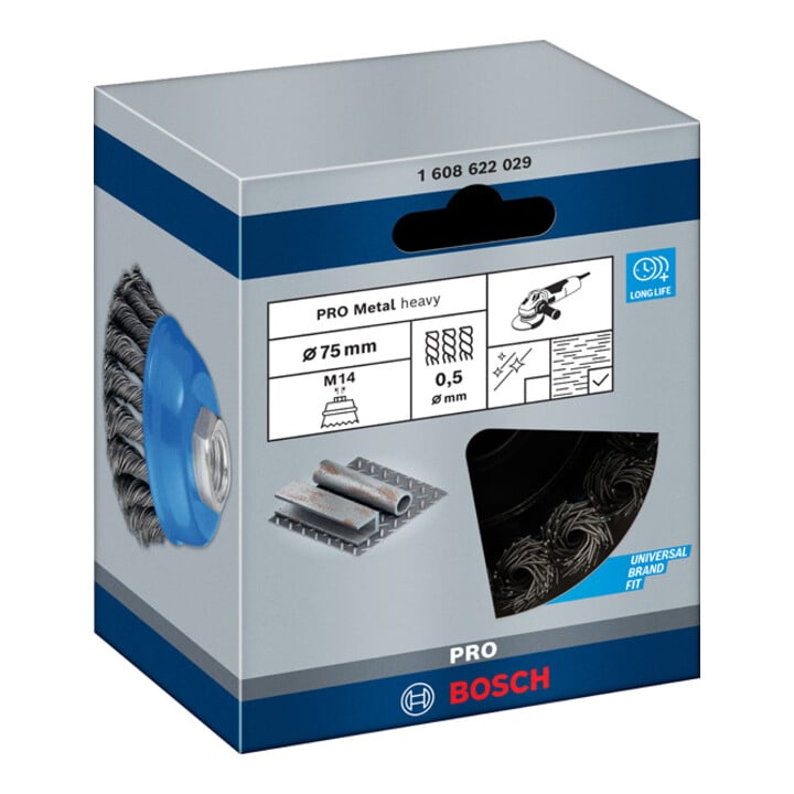 Bosch Topfbürste Stahl gezopfter Draht 75 mm 0,5 mm 12500 U/ min M 14