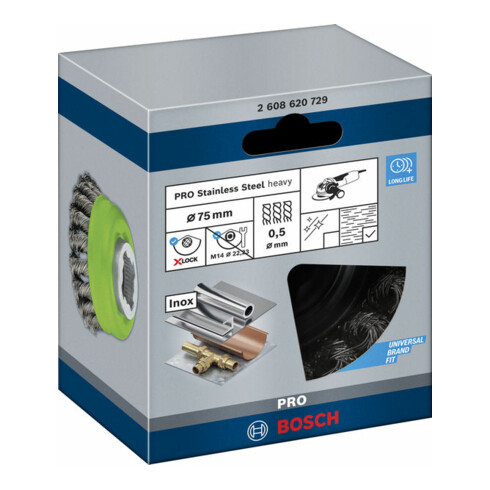Bosch Topfbürste X-LOCK Heavy for Inox 75 mm 0,5 mm gezopfter rostfreier Stahldraht