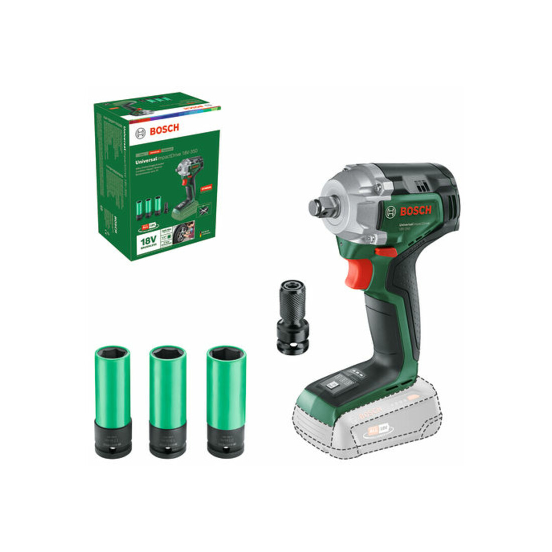 Bosch Tournevis à chocs sans fil UniversalImpactDrive 18V-350 + 3 x douilles